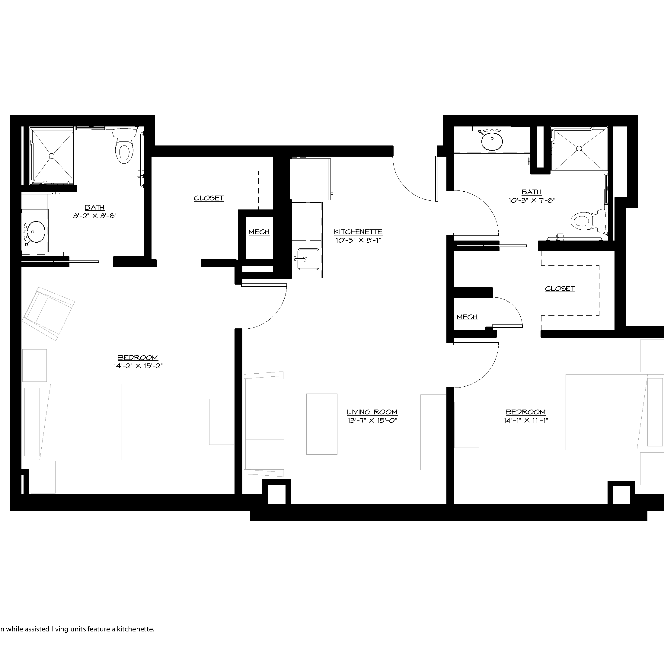 2 bedroom, 2 bath assisted living apartment
