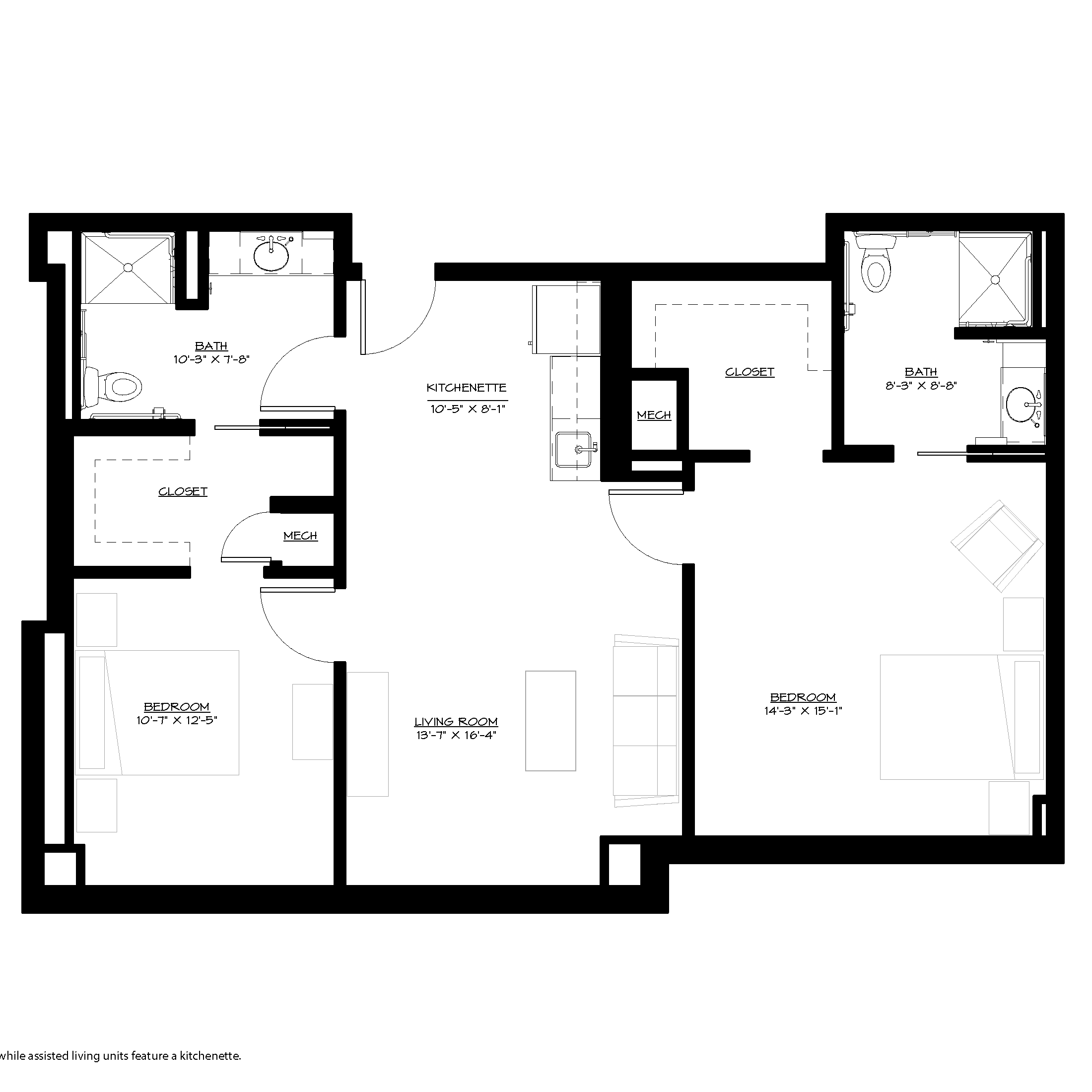 2 bedroom, 2 bath assisted living apartment
