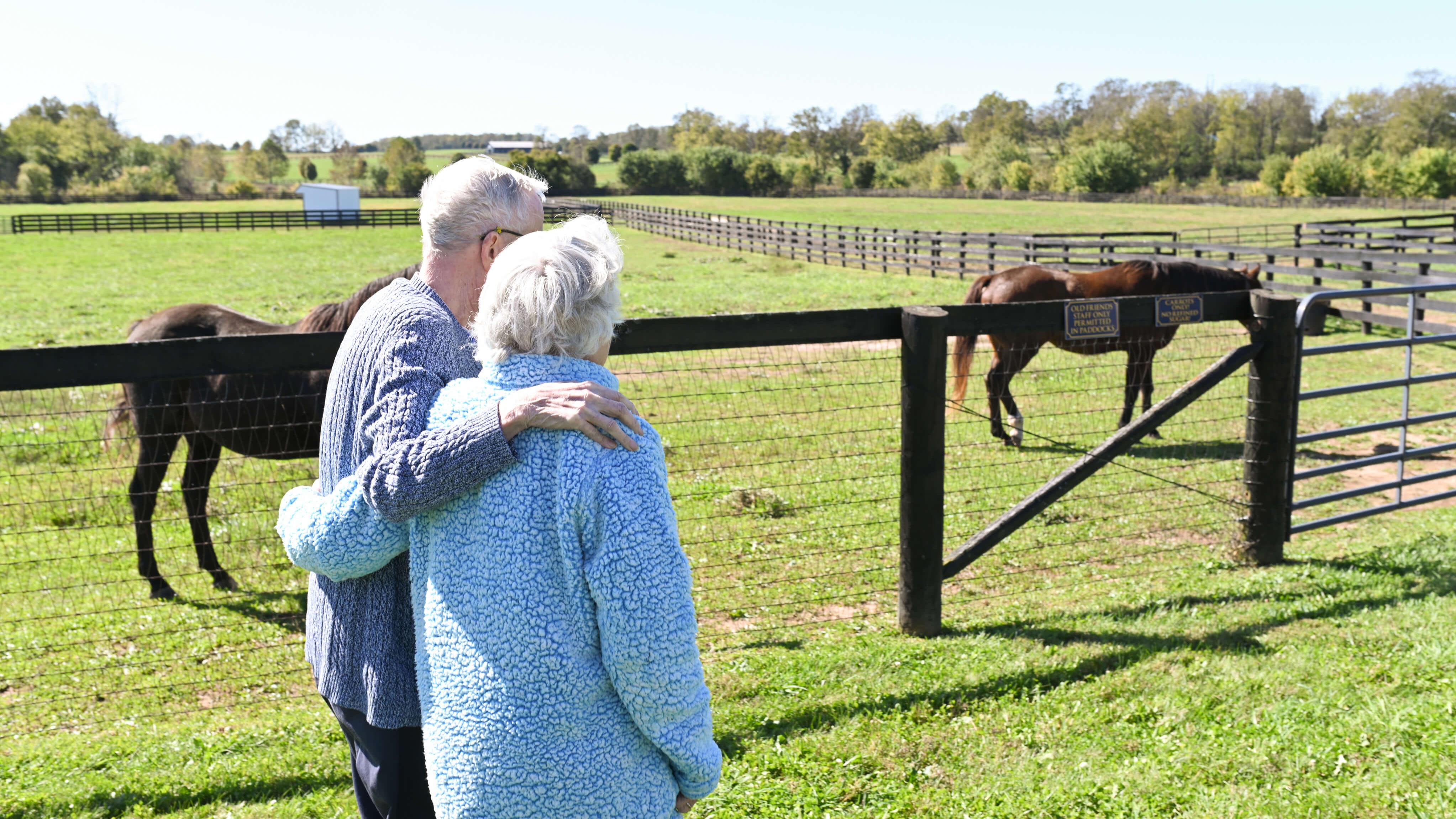 Image of couple walking on a horse farm