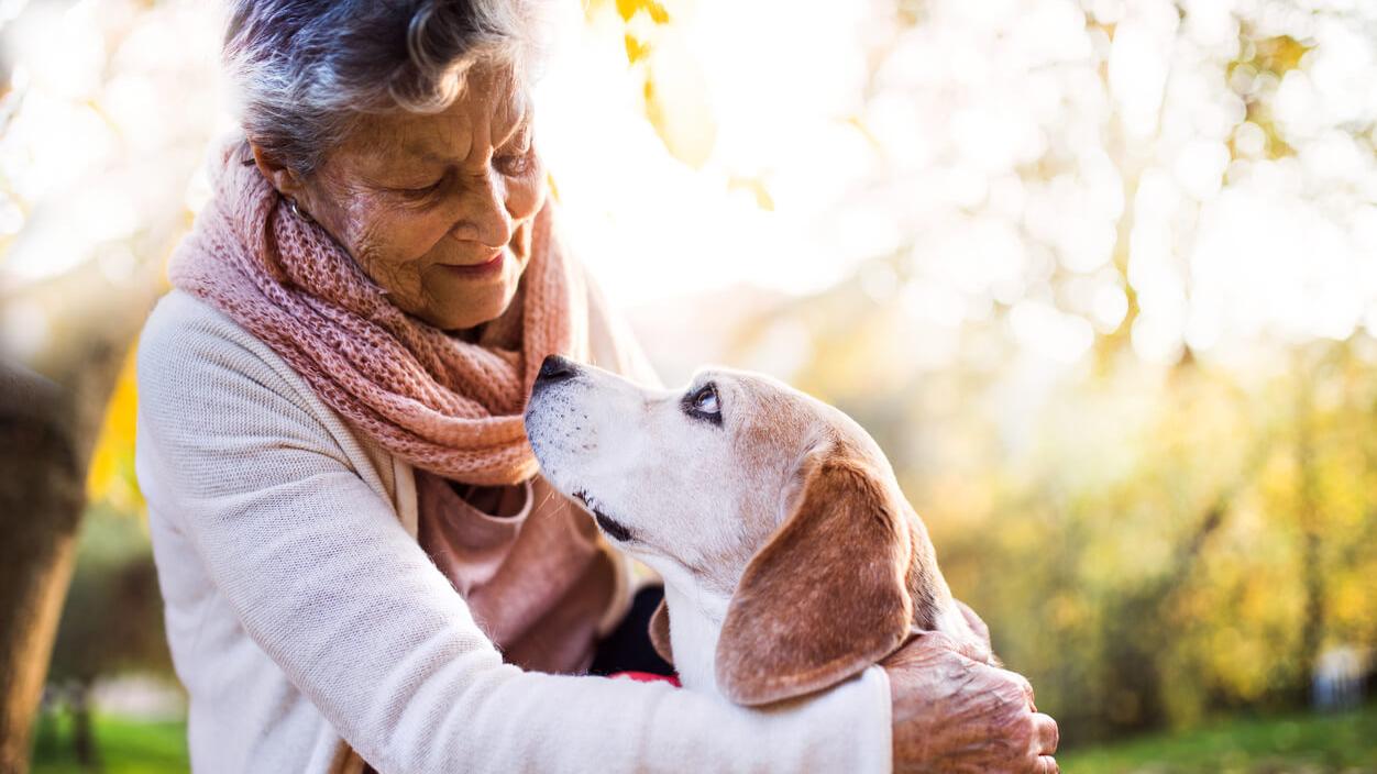 woman petting a small dog