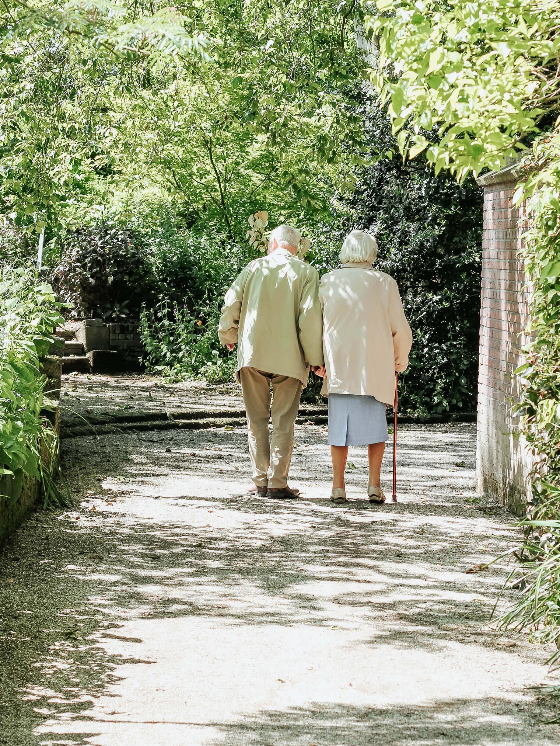 couple walking in a treelined path